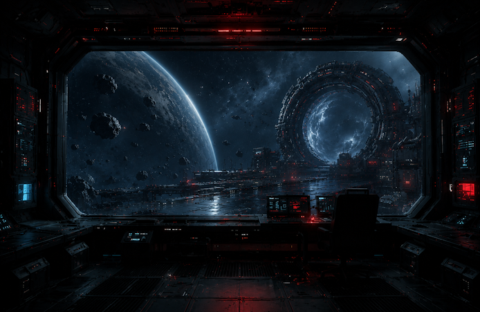 View from a space station towards a planet and jump gate in the Crossfire universe