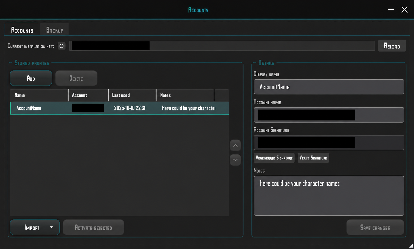 Account Manager: installation ID, account ID and signature concealed.