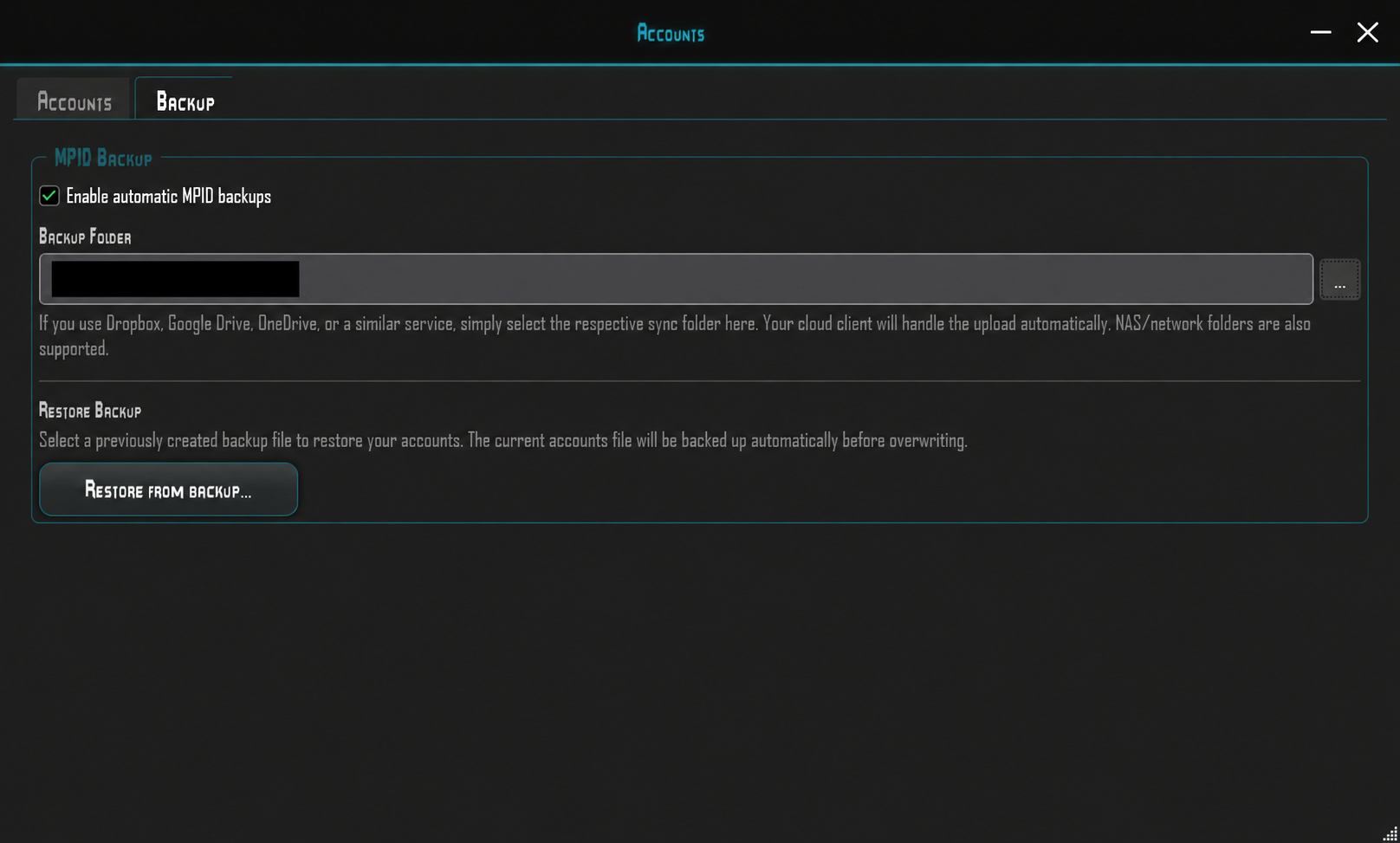 MPID backup: automatic backups and restore; personal folder path concealed.