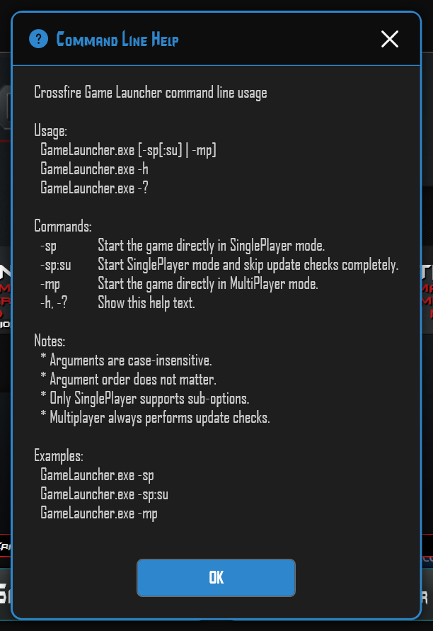 Command line help with launch options and examples.