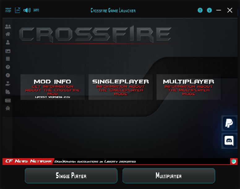 Crossfire launcher with its top toolbar, information area and game launch buttons at the bottom.