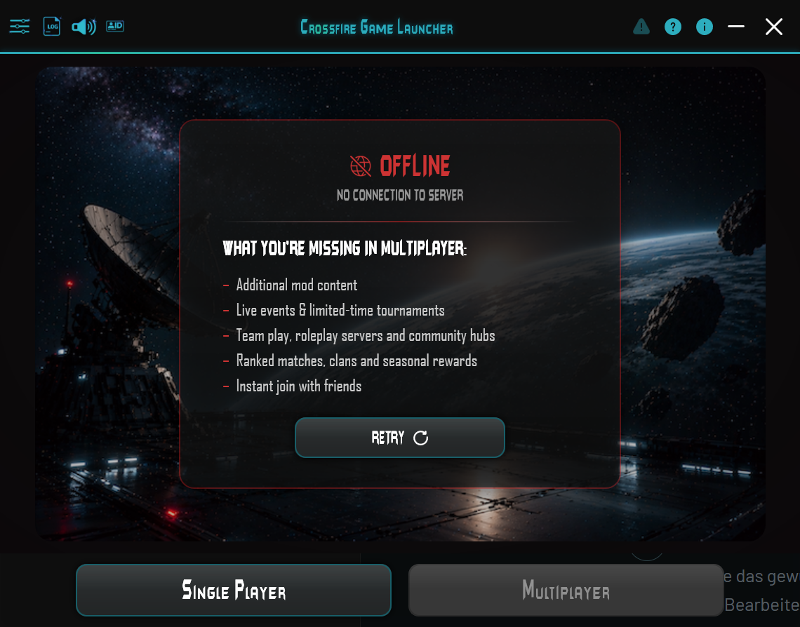 Offline screen: No connection to server with Retry; Single Player available and Multiplayer disabled.