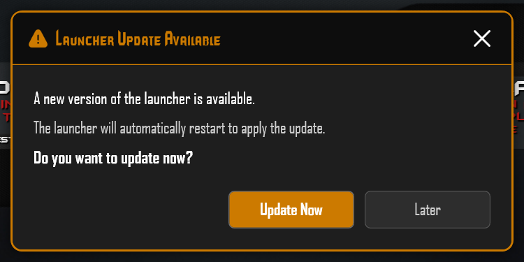 Launcher Update Available: update now or later.