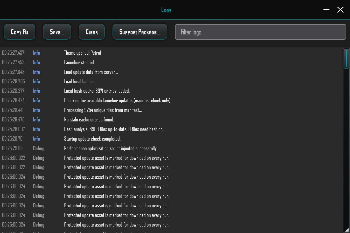 Logs: timestamped entries and levels; copy, save, filter and support package controls.