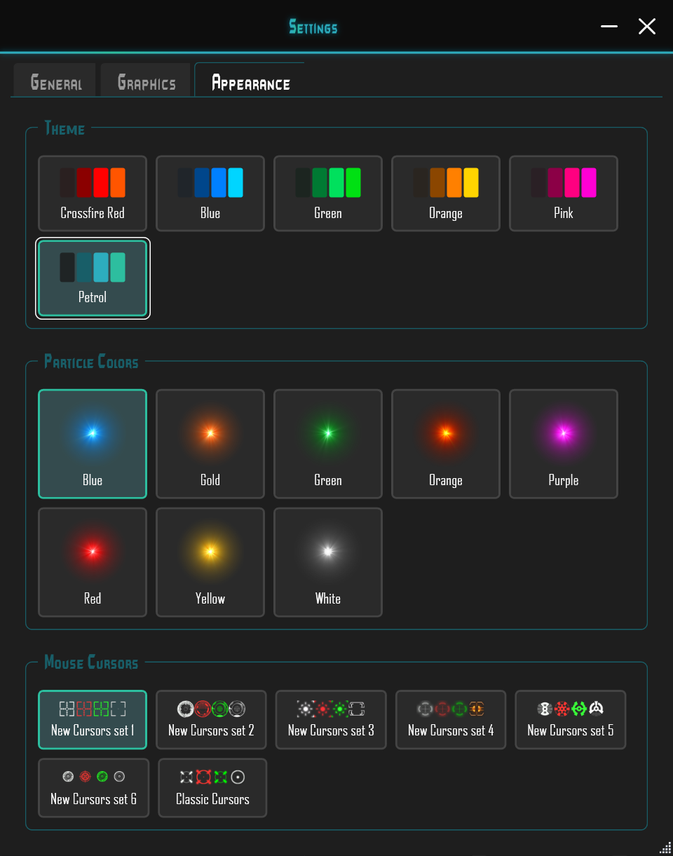 Appearance: themes, particle colors and mouse cursor sets.