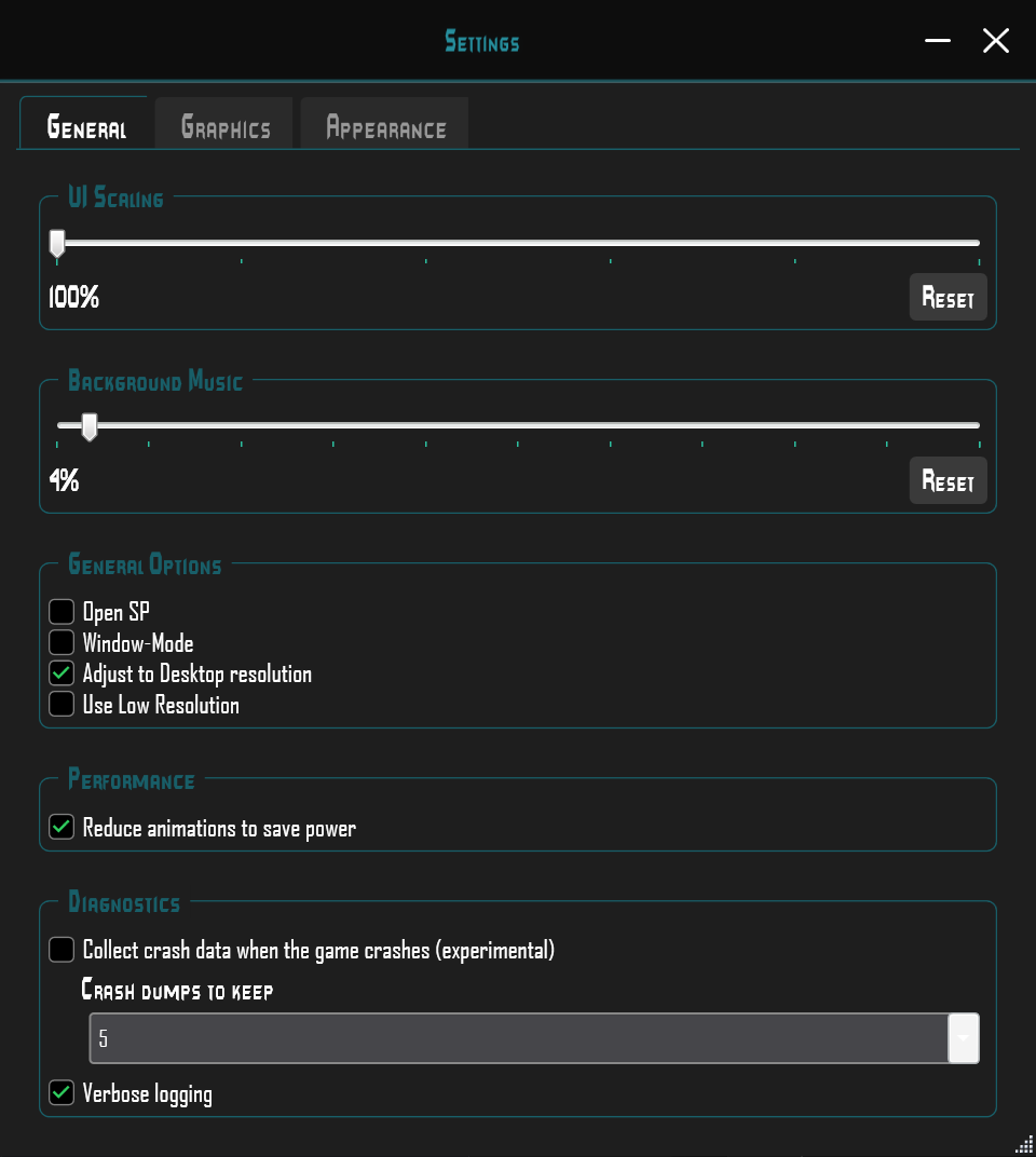 General: scaling, music, game options, animations and diagnostics.