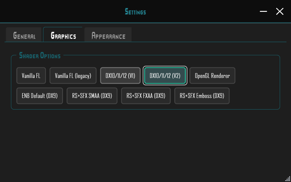 Graphics: the available shader and renderer options.
